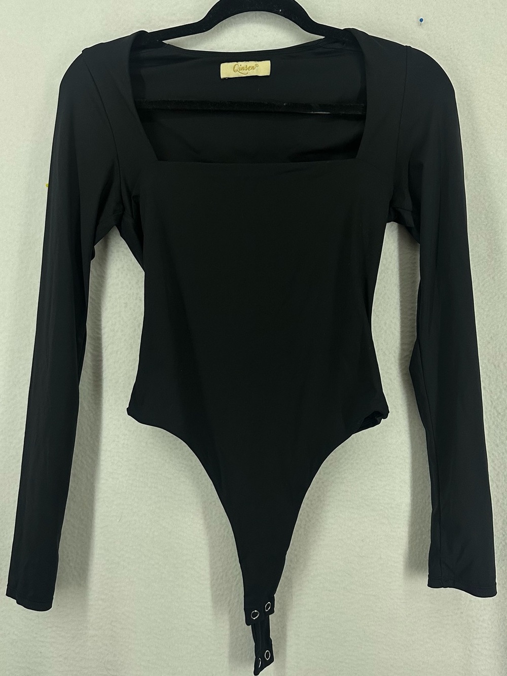 QINSEN‎ Women Long Sleeve Square Neck Double Lined Bodysuit Black Stretch XS
